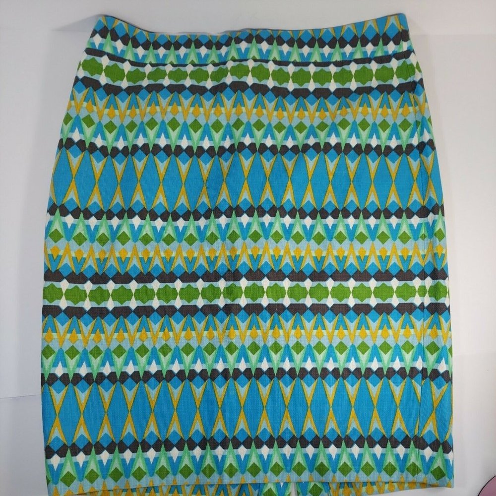 J. Crew The Pencil Skirt Size 4 Geometric Pattern Lined Blue Green 100% Cotton
